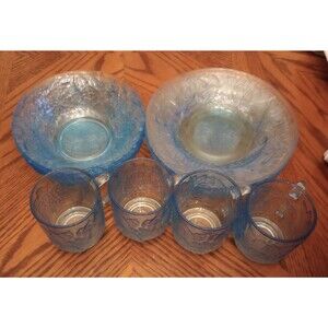 Vintage Kig Ice Blue Pressed Glass Dishes: Poinsettia Design, Set of 12